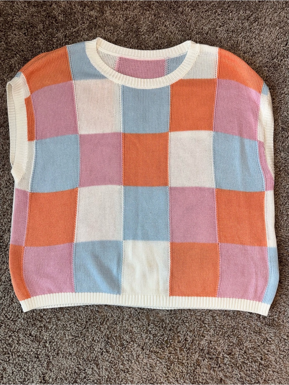 Women’s Medium Checkerboard Knit Sweater Vest in Orange, Pink, Blue, and Cream